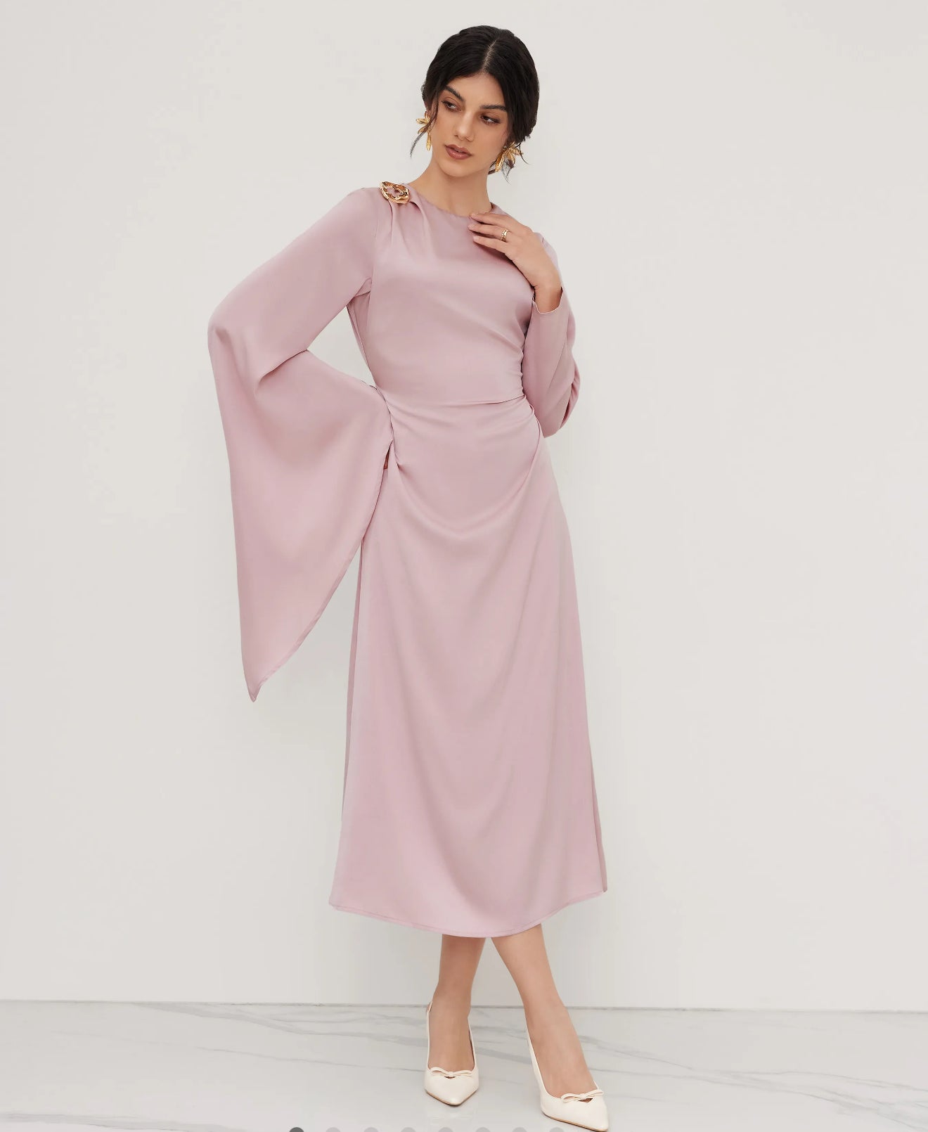 Satin boat neck asymmetrical sleeve ruched meter detail dress