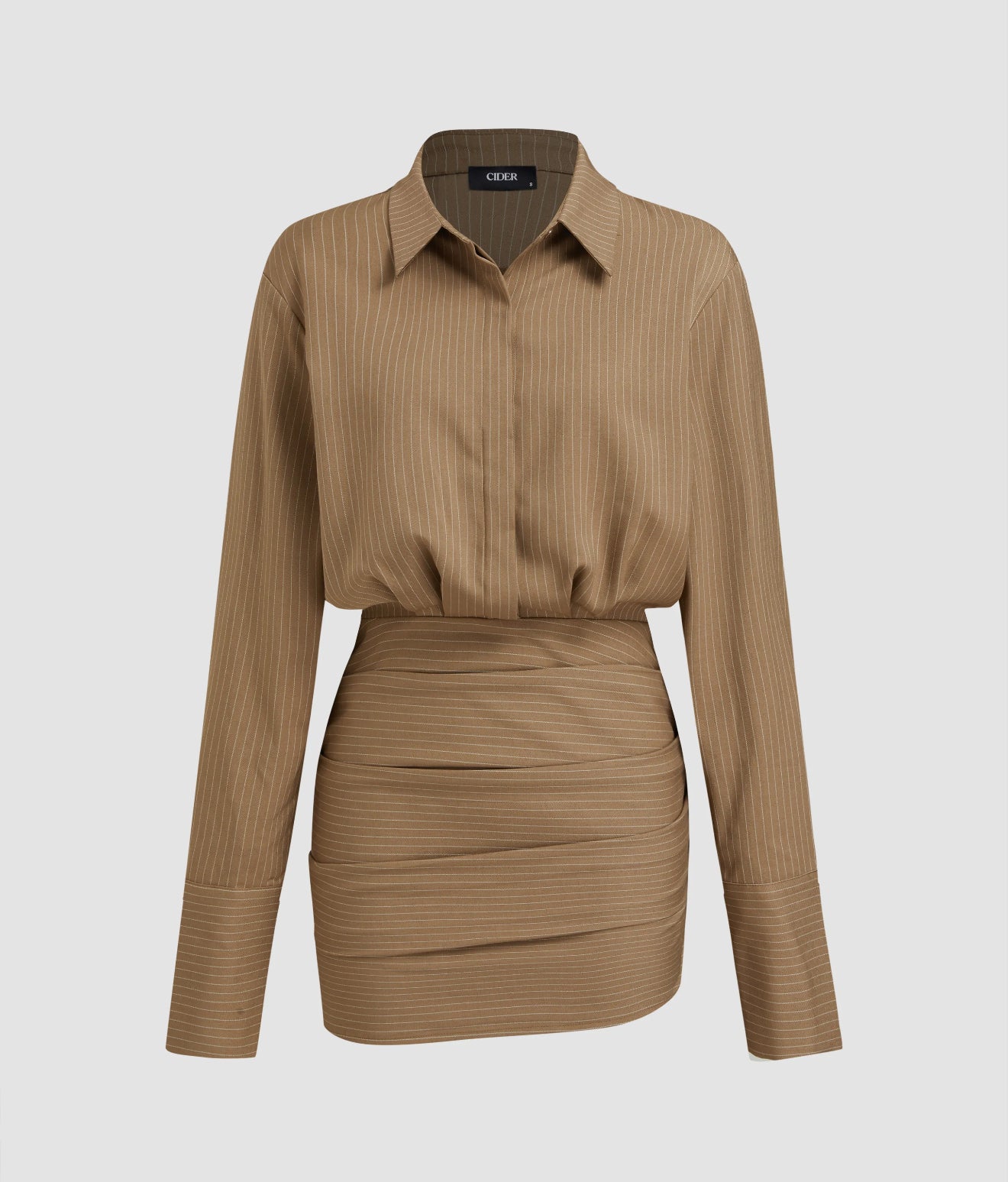 Collar stripescl cinched waist mini shirt dress