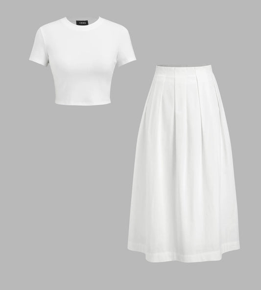 Cotton crop tee & low rise pleated maxi skirt