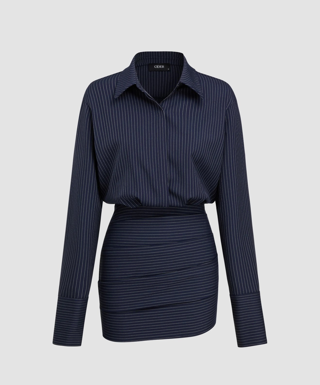 Collar stripescl cinched waist mini shirt dress