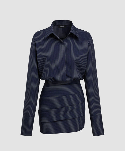Collar stripescl cinched waist mini shirt dress