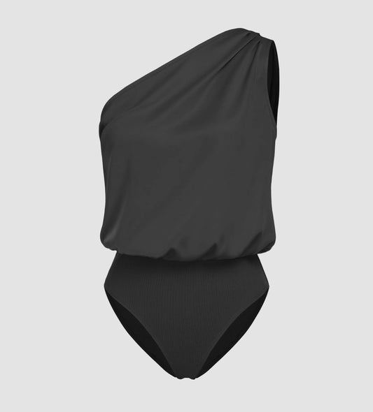 Satin asymmetrical neck solid bodysuit