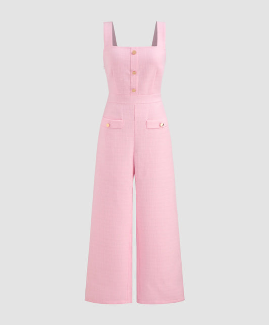 Square neck solid button wideleg jumpsuit
