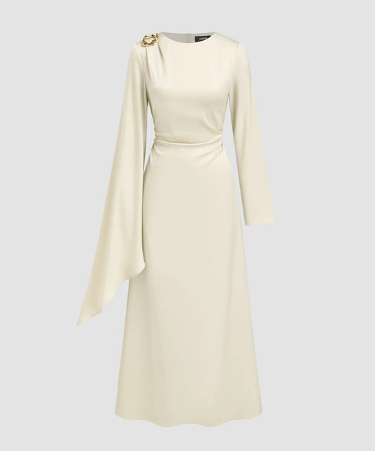 Satin boat neck asymmetrical sleeve ruched meter detail dress