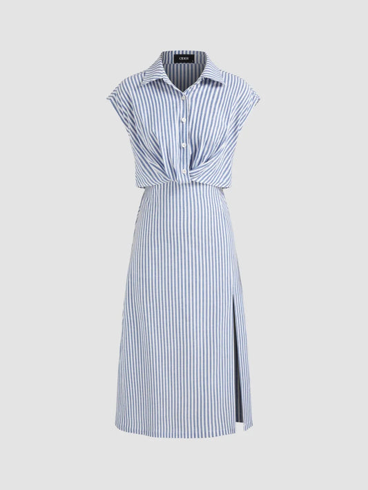 Cotton blend color stripped split midi shirt dress